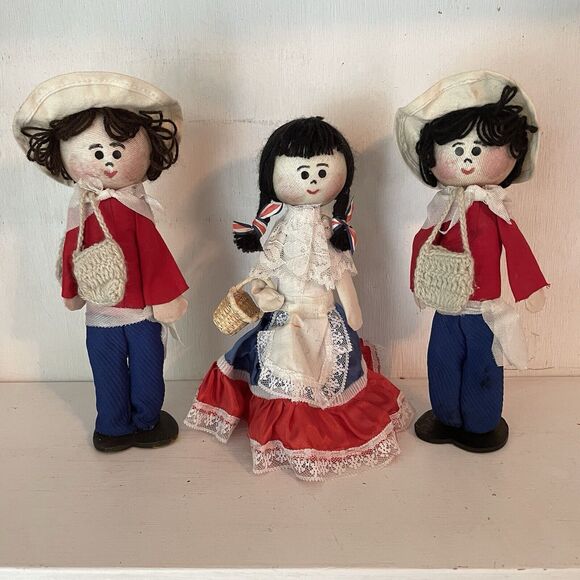 VTG Handmade Costa Rican Dolls Set Of 3 Two Boys And One Girl Gorgeous Cond.